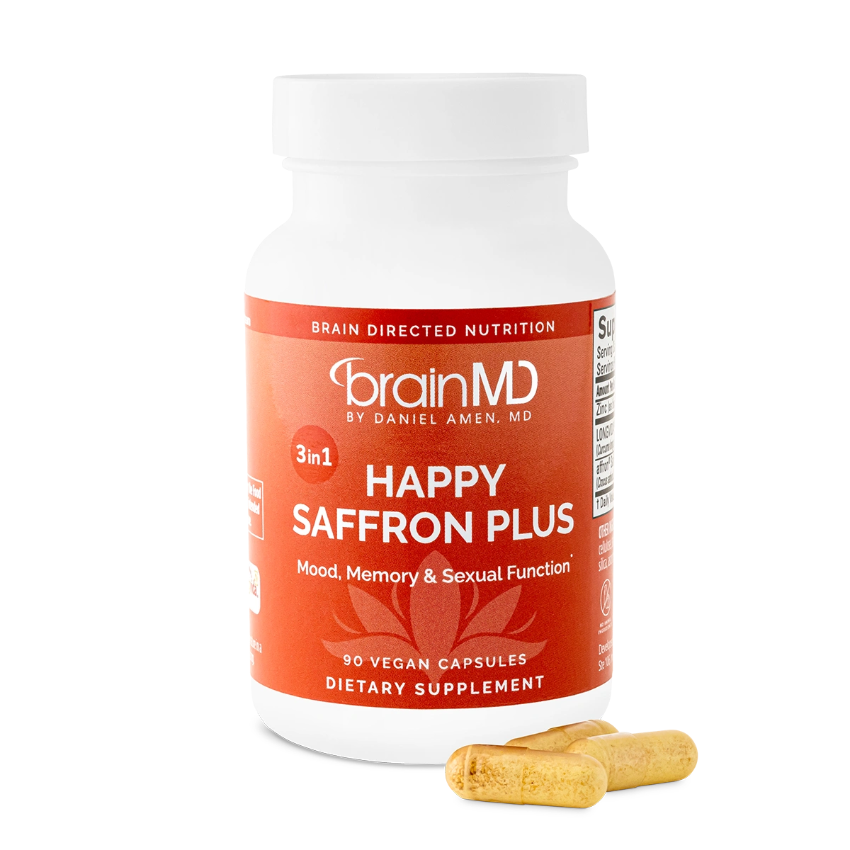 BRAINMD Dr Amen Happy SaffronPlus - 90 Capsules - with SaffronFlower Extract, Curcumin & Zinc -Vegan, Gluten Free - 30 Servings