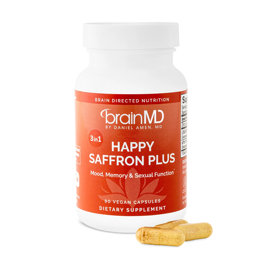 BRAINMD Dr Amen Happy SaffronPlus - 90 Capsules - with SaffronFlower Extract, Curcumin & Zinc -Vegan, Gluten Free - 30 Servings