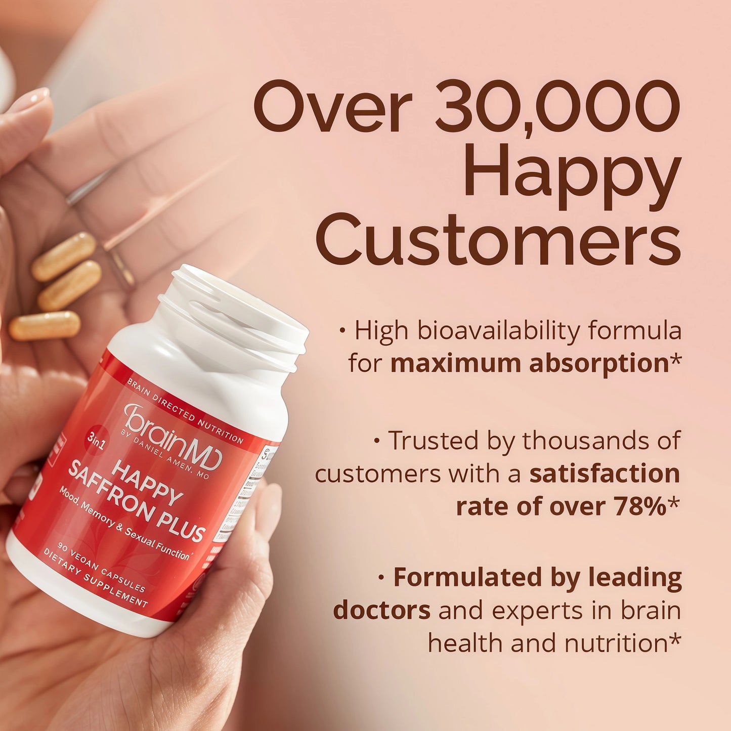 BRAINMD Dr Amen Happy SaffronPlus - 90 Capsules - with SaffronFlower Extract, Curcumin & Zinc -Vegan, Gluten Free - 30 Servings