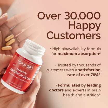 BRAINMD Dr Amen Happy SaffronPlus - 90 Capsules - with SaffronFlower Extract, Curcumin & Zinc -Vegan, Gluten Free - 30 Servings