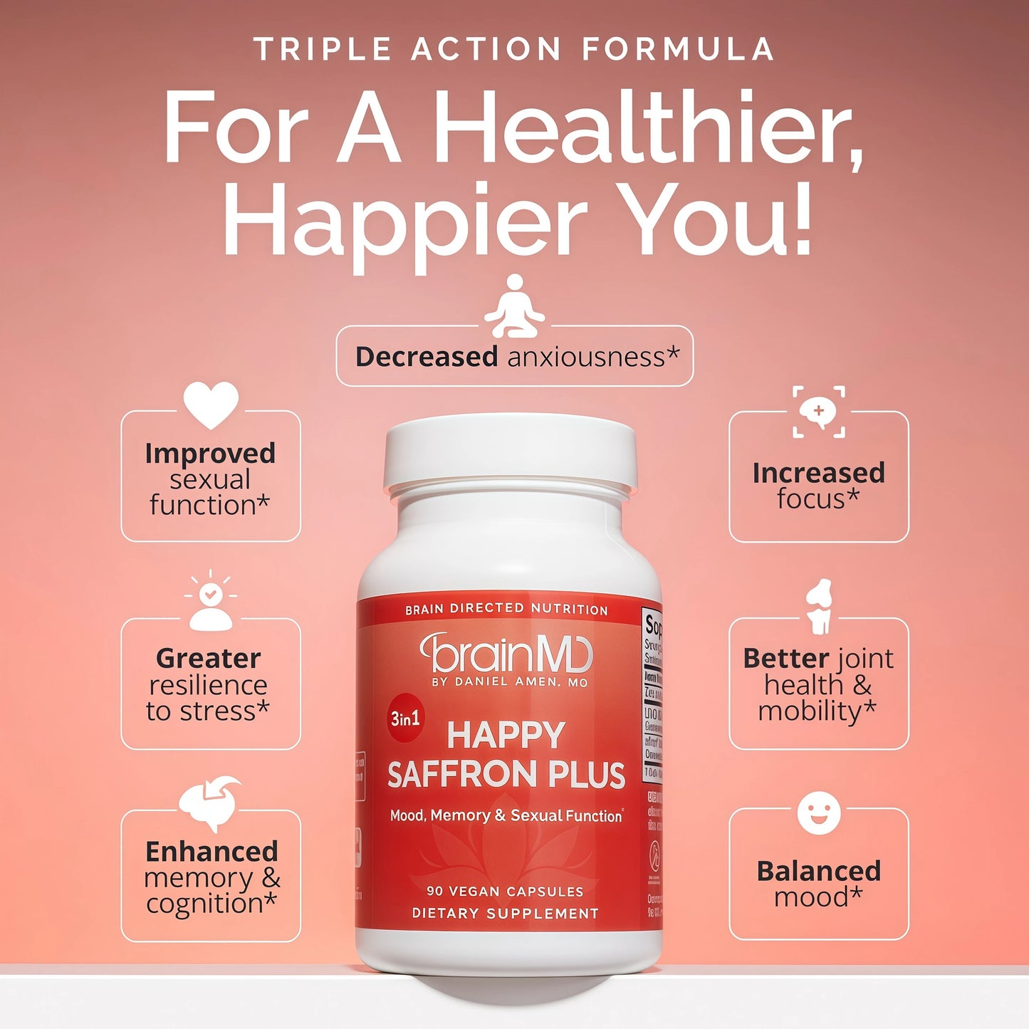 BRAINMD Dr Amen Happy SaffronPlus - 90 Capsules - with SaffronFlower Extract, Curcumin & Zinc -Vegan, Gluten Free - 30 Servings
