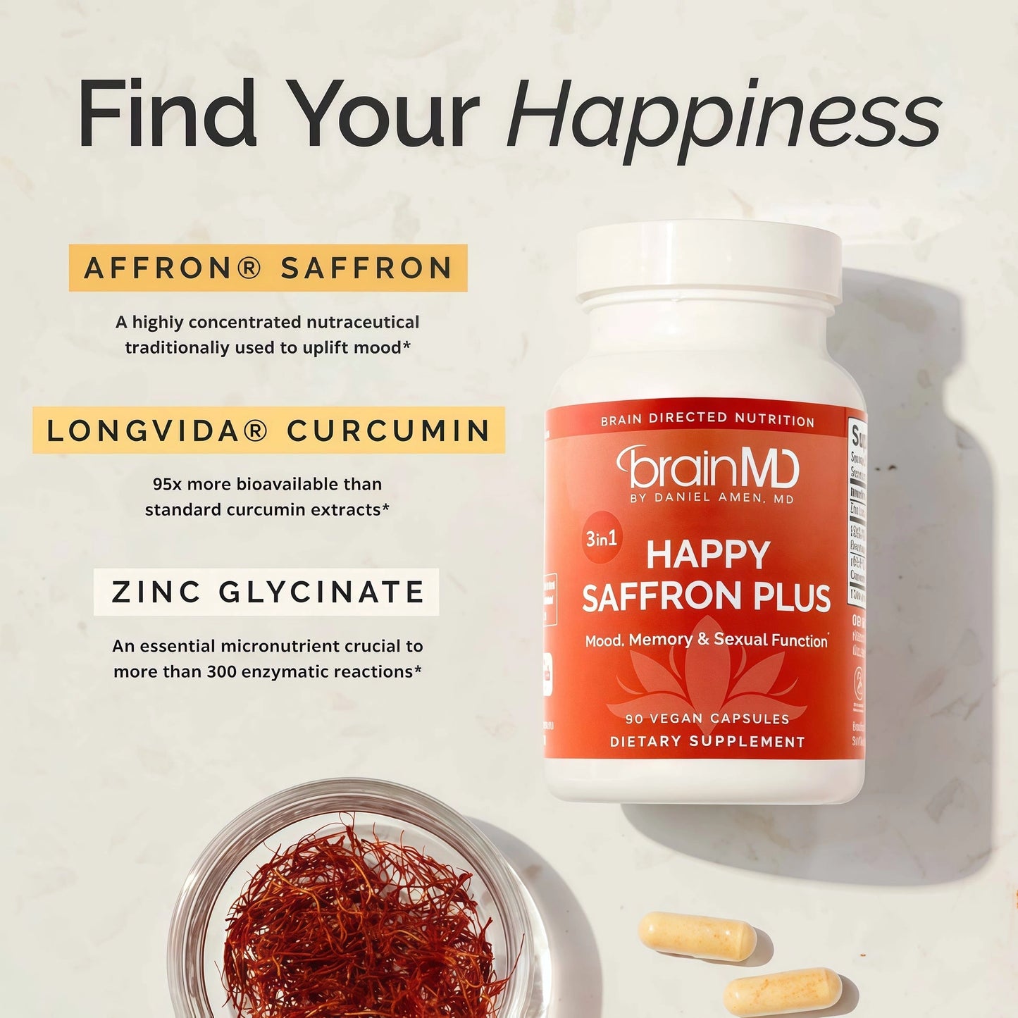 BRAINMD Dr Amen Happy SaffronPlus - 90 Capsules - with SaffronFlower Extract, Curcumin & Zinc -Vegan, Gluten Free - 30 Servings